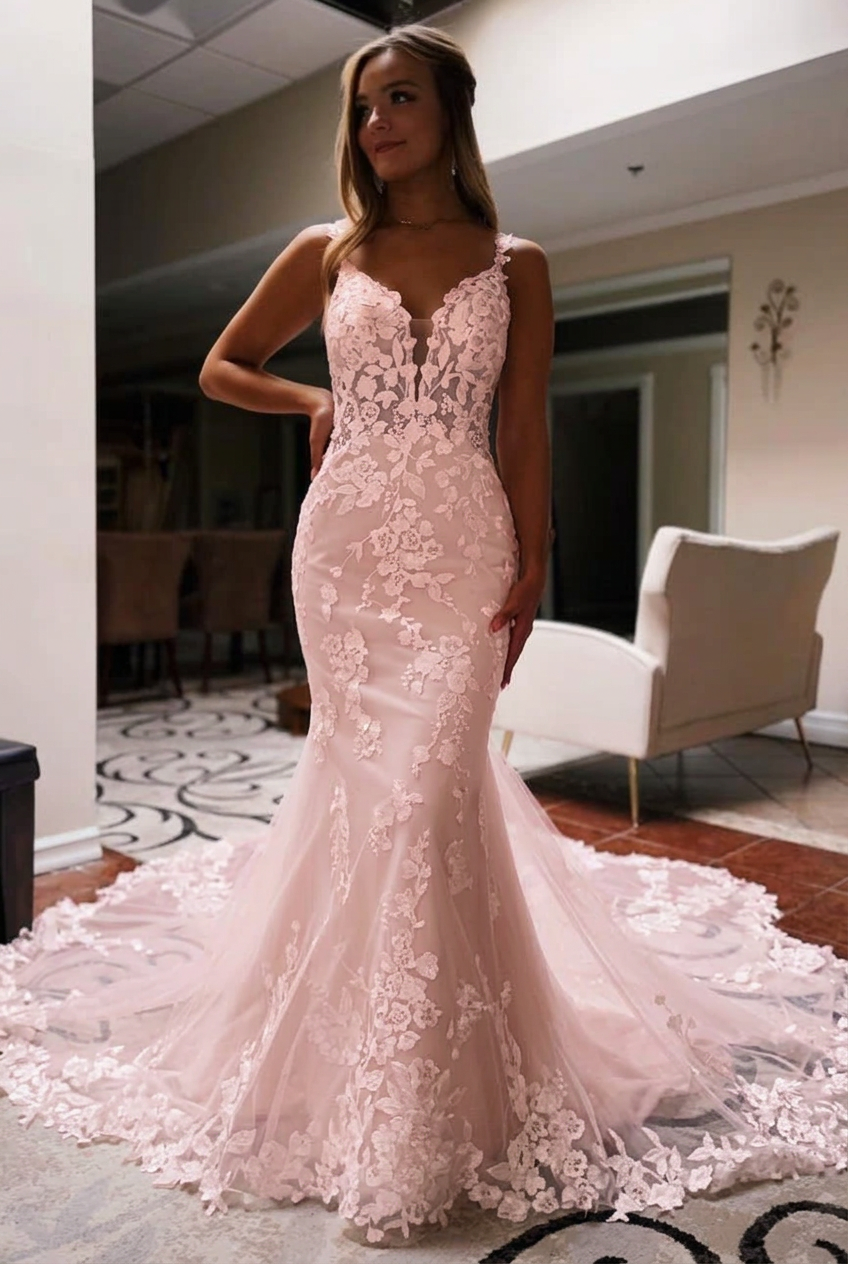 Blushing pink v-neck applique mermaid wedding dress