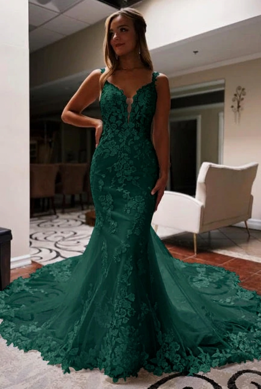 Dark green v-neck applique mermaid wedding dress