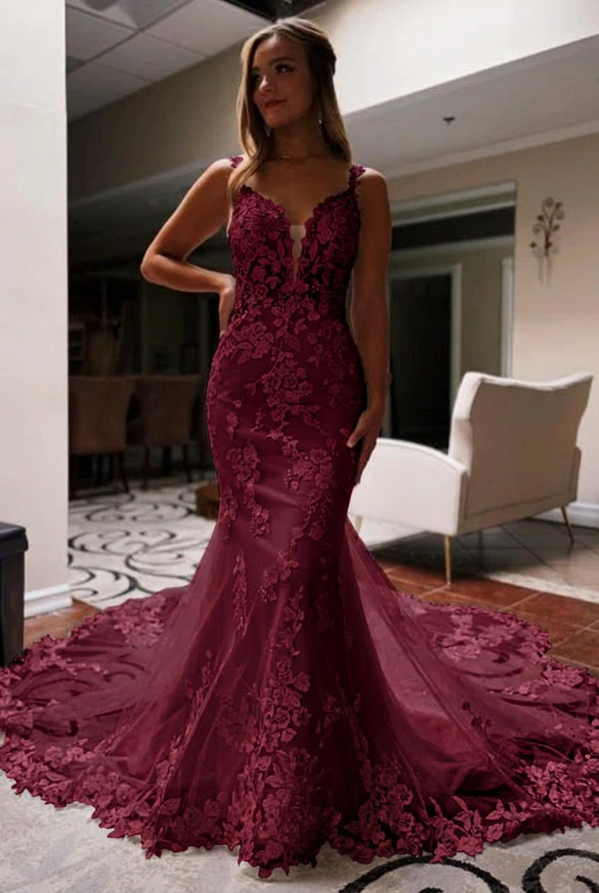 Burgundy v-neck applique mermaid wedding dress