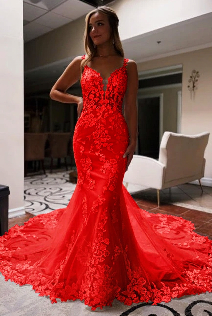 Red v-neck applique mermaid wedding dress