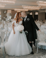 Beautiful White A-Line Off-The-Shoulder Strapless Beaded Long Tulle Wedding Dress With Pearls