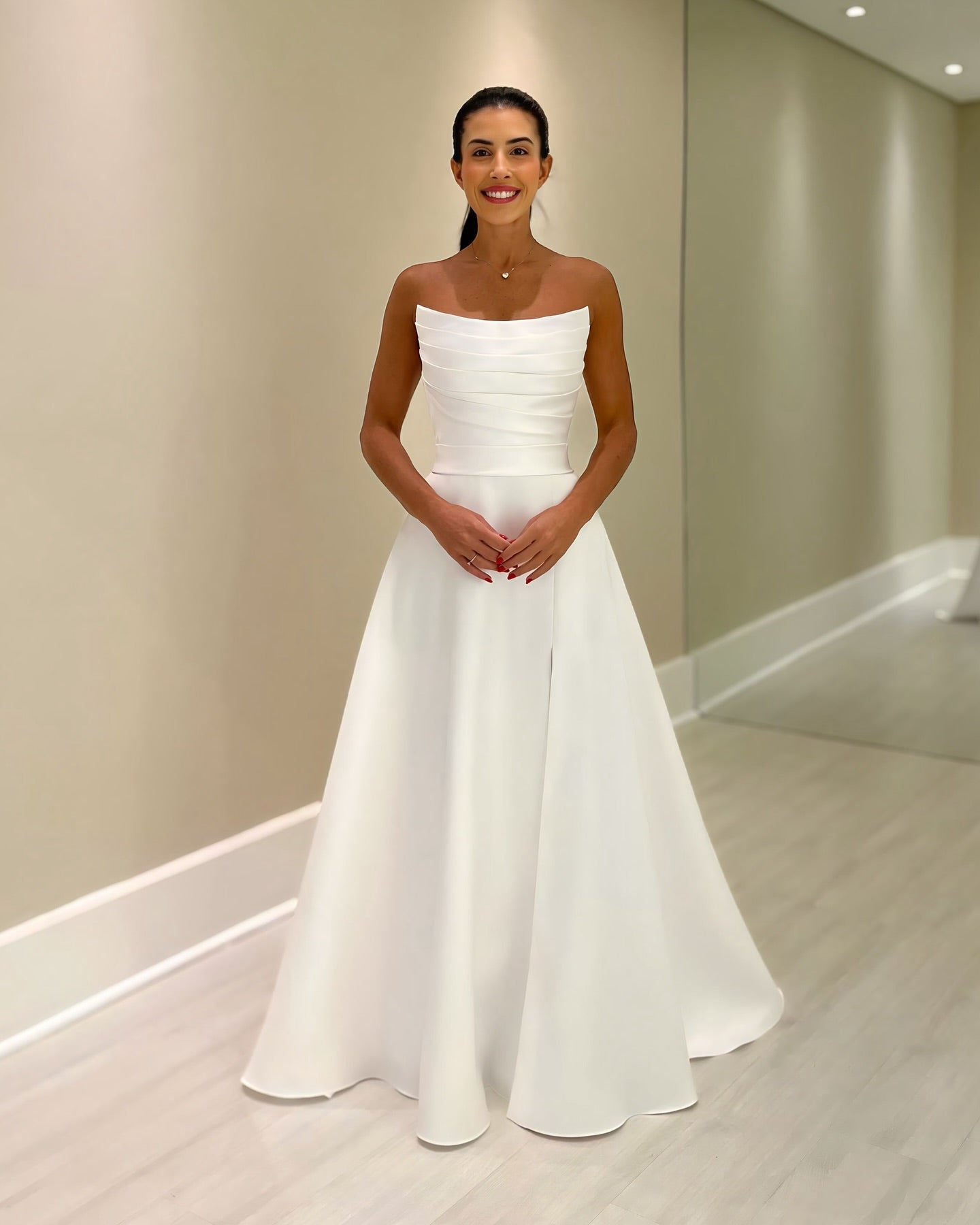 Beautiful White A-Line Strapless Sleeveless Simple Floor-Length Satin Wedding Dresses With Ruffles