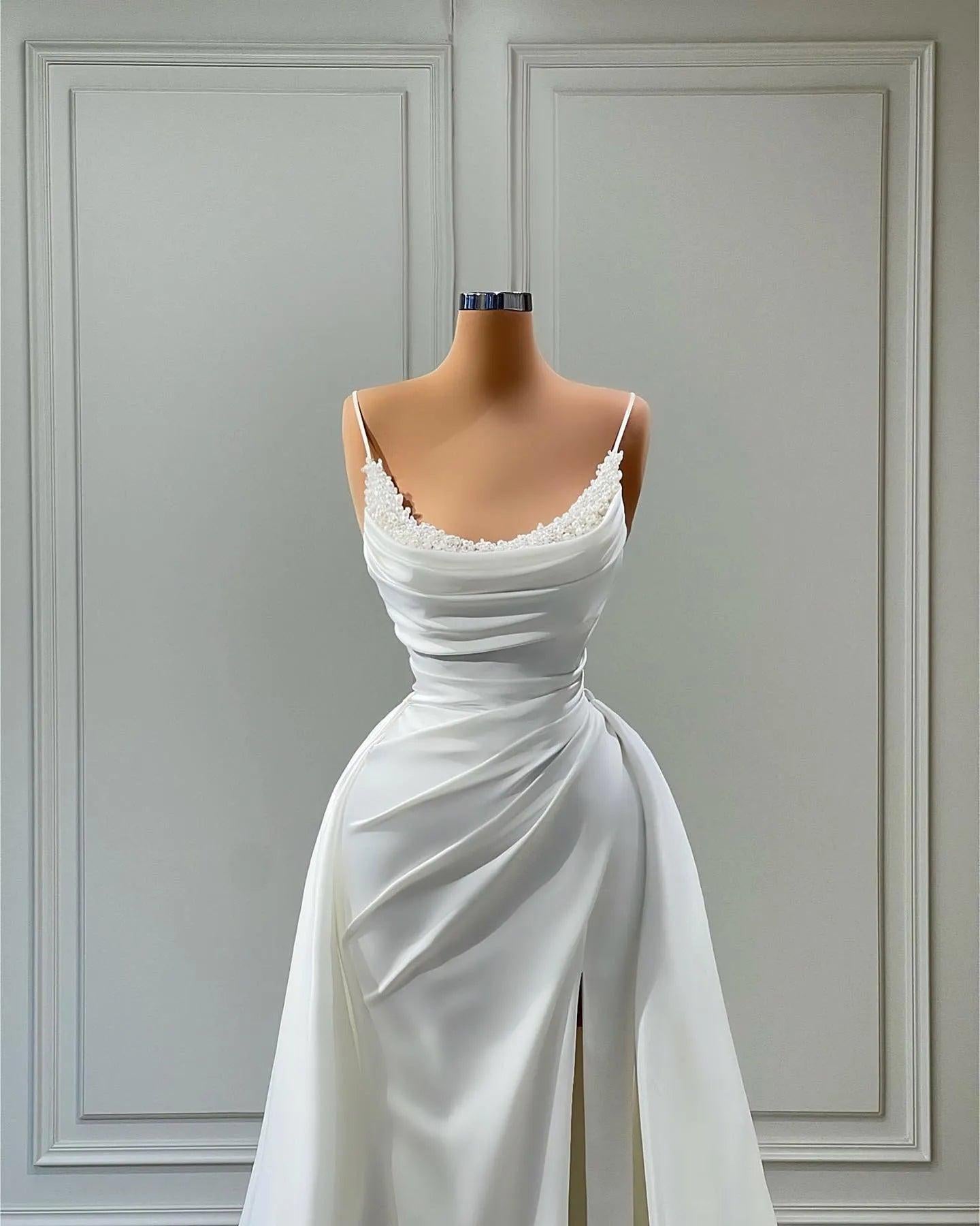 Beautiful White Long A-line Spaghetti Straps Wedding Dresses With Beads