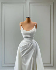 Beautiful White Long A-line Spaghetti Straps Wedding Dresses With Beads