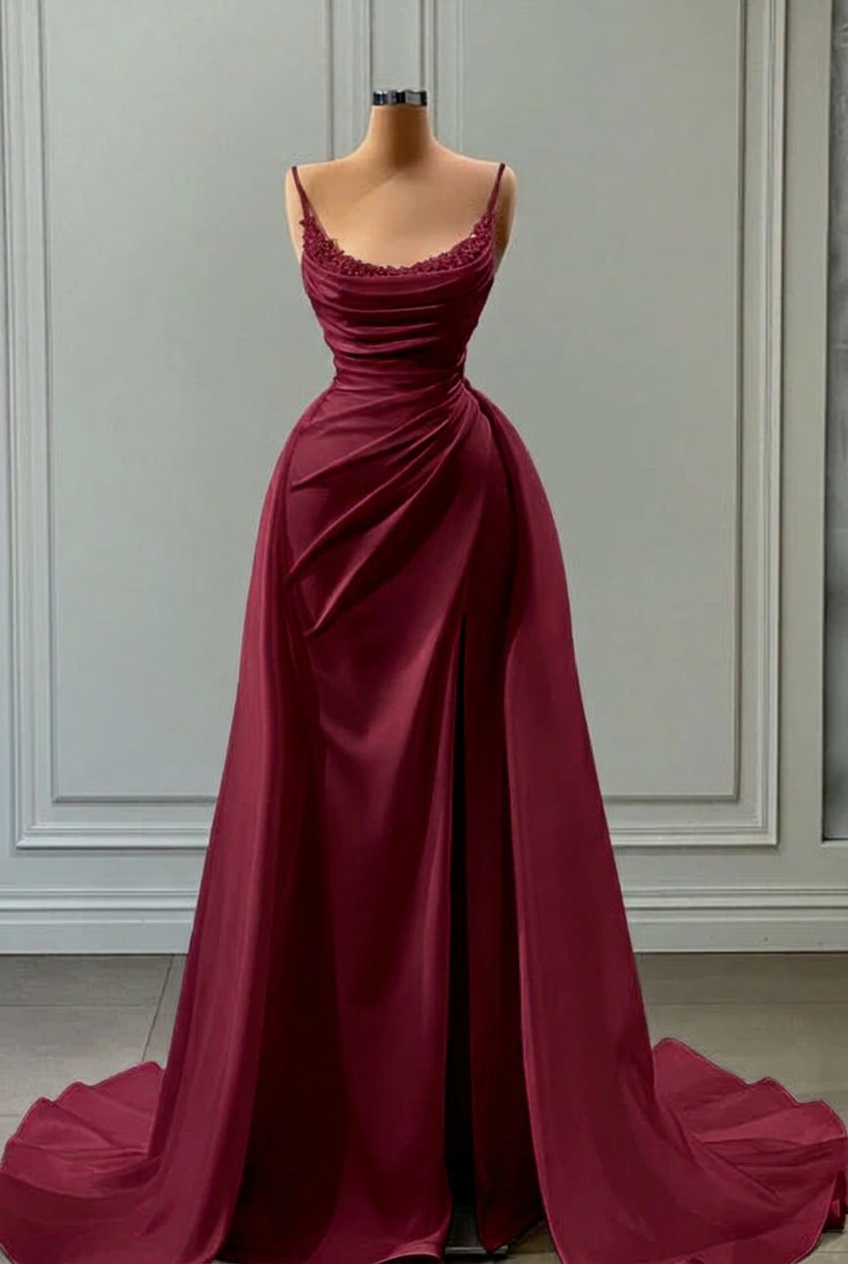 Burgundy square beaded A-line wedding dress