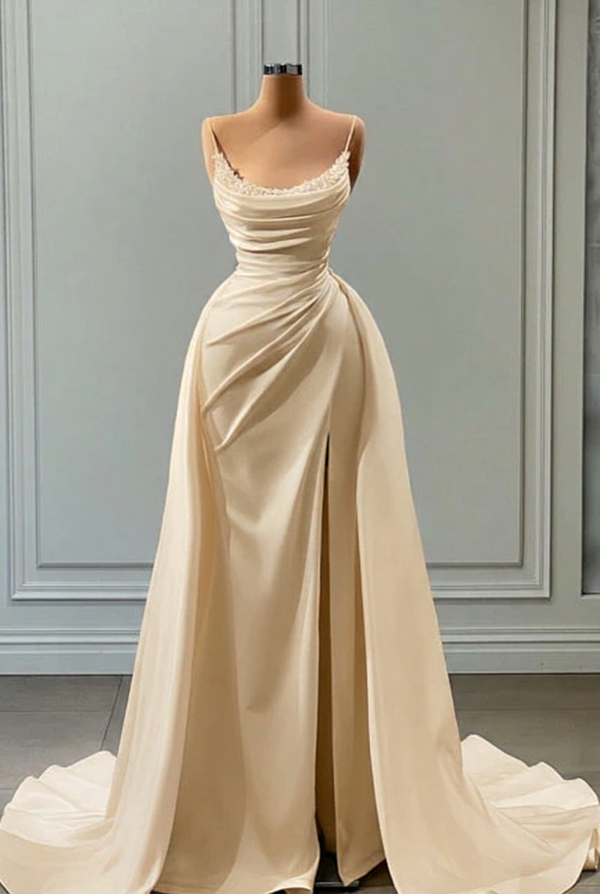 Champagne square beaded A-line wedding dress