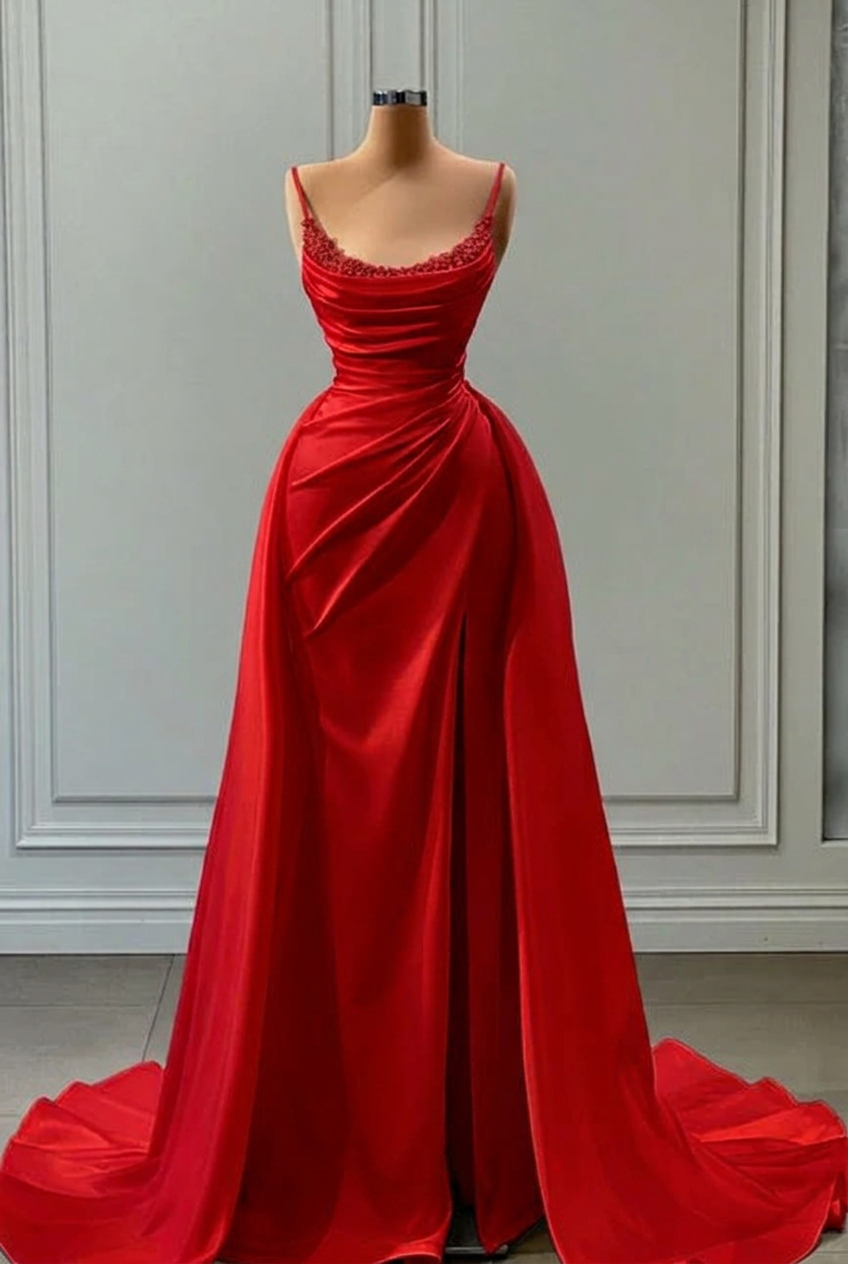 Red square beaded A-line wedding dress