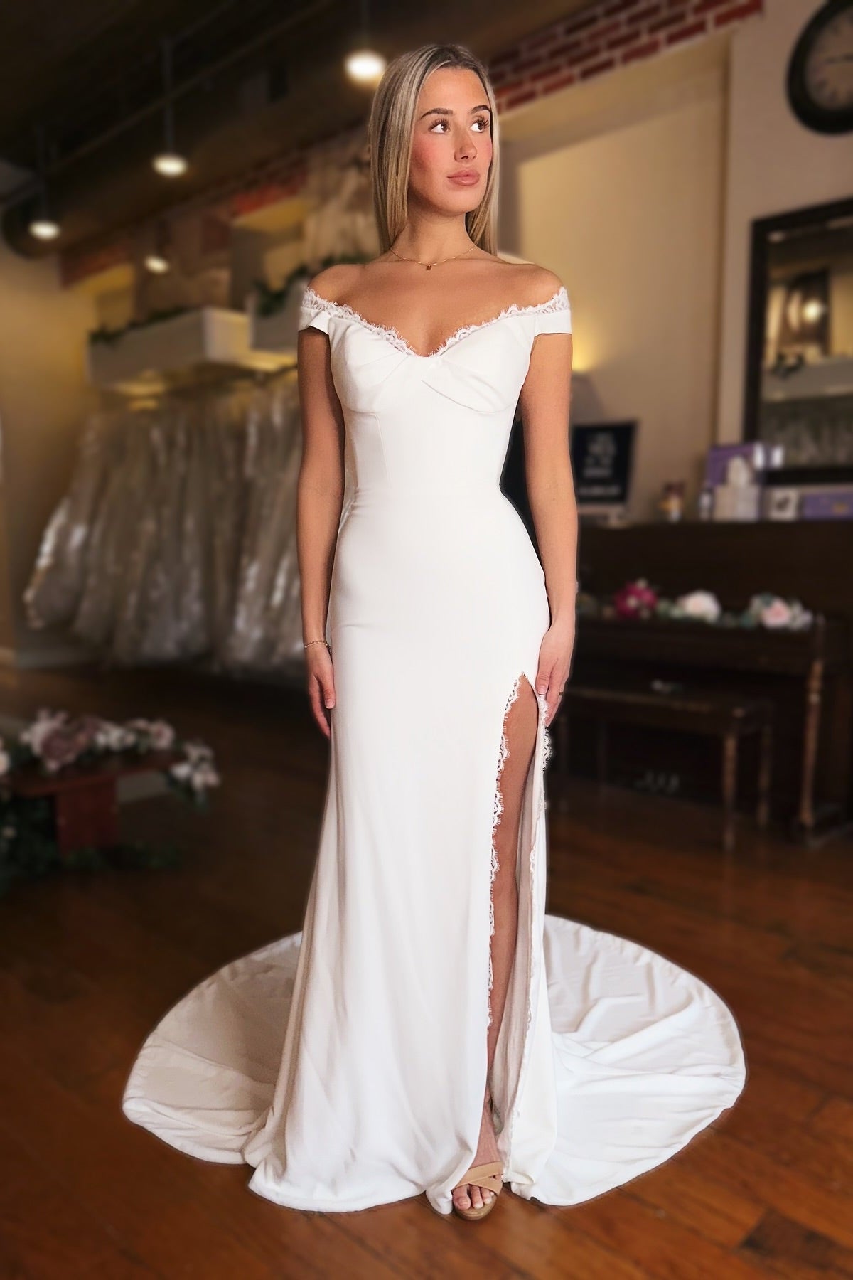 Beautiful White Mermaid Strapless Off-The-Shoulder Front Split Long Satin Simple Wedding Dress With Lace