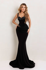 Beautiful Black Mermaid Sweetheart Beaded Spaghetti Strap Sleeveless Long Velvet Evening Dresses