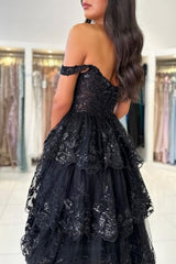 Beautiful Black Sweetheart A-line Off-the-shoulder Sleeveless Long Lace Dresses With Slit