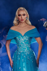 Beautiful Blue Off-The-Shoulder A-Line Sleeveless Long Tulle Evening Dresses With Appliques