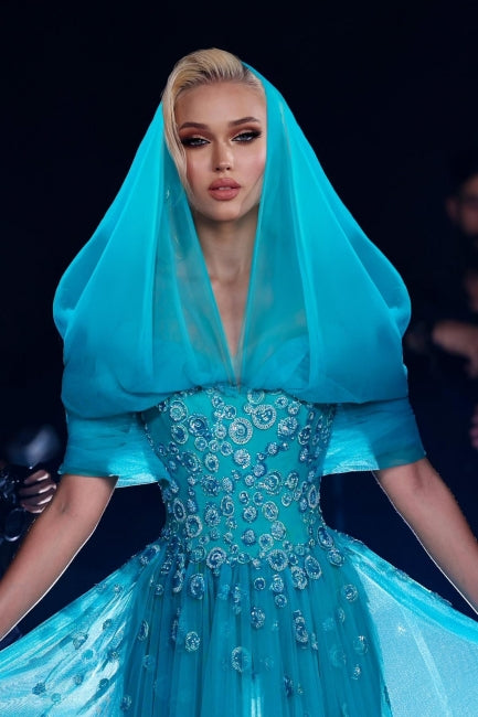 Beautiful Blue Off-The-Shoulder A-Line Sleeveless Long Tulle Evening Dresses With Appliques