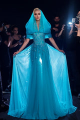 Beautiful Blue Off-The-Shoulder A-Line Sleeveless Long Tulle Evening Dresses With Appliques