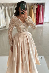 Beautiful Champagne V-neck Ankle Length Long Sleeves Draped Satin Prom Evening Dresses With Sequins