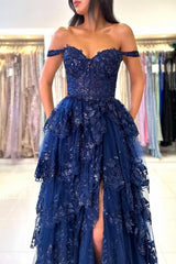 Beautiful Navy Blue Sweetheart A-line Off-the-shoulder Sleeveless Long Lace Evening Dresses With Slit