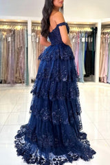 Beautiful Navy Blue Sweetheart A-line Off-the-shoulder Sleeveless Long Lace Evening Dresses With Slit