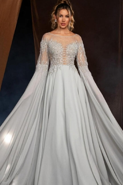Beautiful Silver A-Line Crew Beaded Long Sleeves Sweep Train Chiffon Evening Dresses