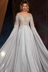 Beautiful Silver A-Line Crew Beaded Long Sleeves Sweep Train Chiffon Evening Dresses