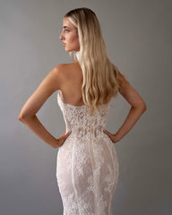 Beige Lace Applique Beaded Mermaid Wedding Dress Sweetheart Sleeveless Corset Bodice Split Front Cathedral Train Bridal Gown