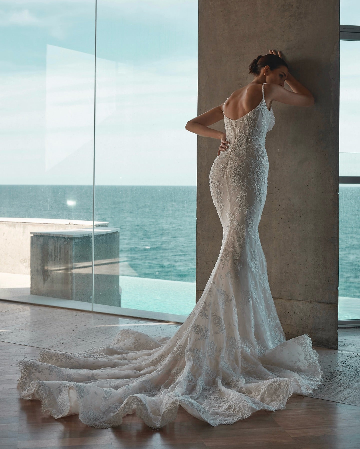 Beige Pearl Beaded Lace Mermaid Wedding Dress Sweetheart Spaghetti Straps Open Back Bow Detail Cathedral Train Bridal Gown