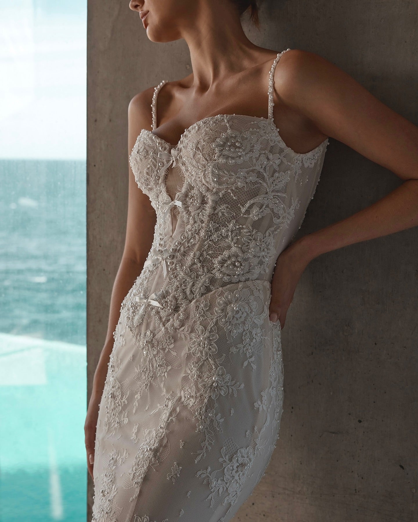 Beige Pearl Beaded Lace Mermaid Wedding Dress Sweetheart Spaghetti Straps Open Back Bow Detail Cathedral Train Bridal Gown