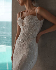Beige Pearl Beaded Lace Mermaid Wedding Dress Sweetheart Spaghetti Straps Open Back Bow Detail Cathedral Train Bridal Gown