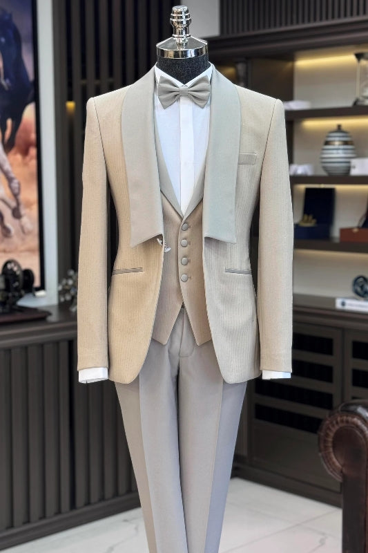 Beige Shawl Collar Three-Piece Wedding Suit for Men