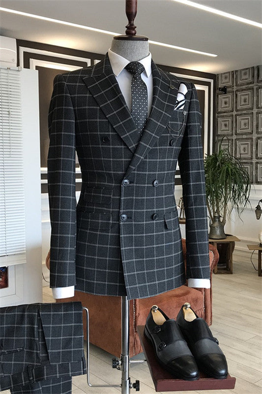 Bespoke Black Double Breasted Peaked Lapel Plaid Business Suit