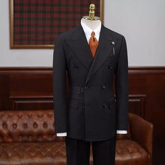 Bespoke Black Striped Double Breasted Peaked Lapel Business Suit