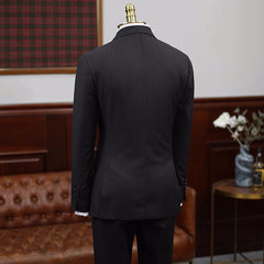 Bespoke Black Striped Double Breasted Peaked Lapel Business Suit