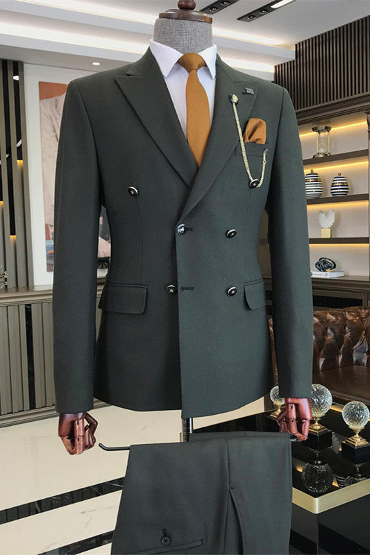 Bespoke Dark Green Peaked Lapel Slim Fit Men's Business Suit