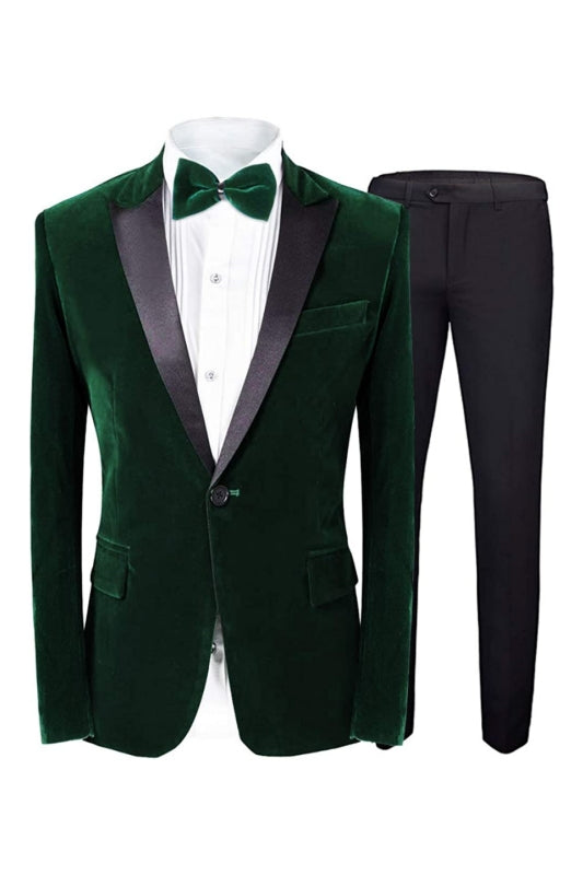 Bespoke Dark Green Peaked Lapel Slim Fit Velvet Prom Suit For Men