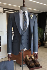 Bespoke Deep Gray Three-Piece Peaked Lapel Business Suit