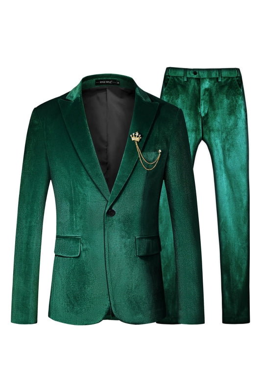 Bespoke Green Peaked Lapel Two-Piece Velvet Prom Suit