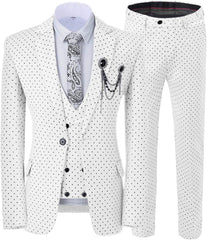 Bespoke Ivory Notched Lapel Three Piece Prom Suit With Black Dot
