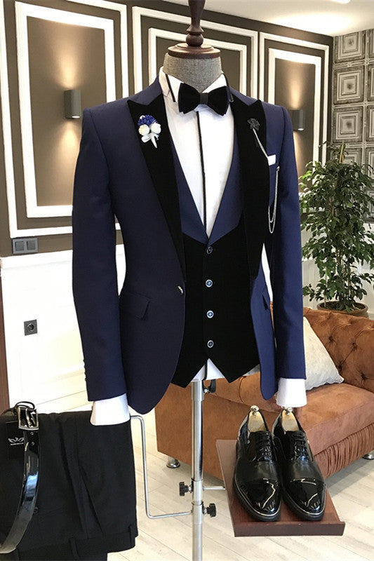 Bespoke Navy Blue Three-Piece Peaked Lapel Men's Business Suit