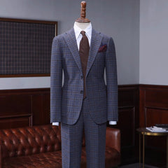 Bespoke Navy Checkered Notch Lapel Business Suit