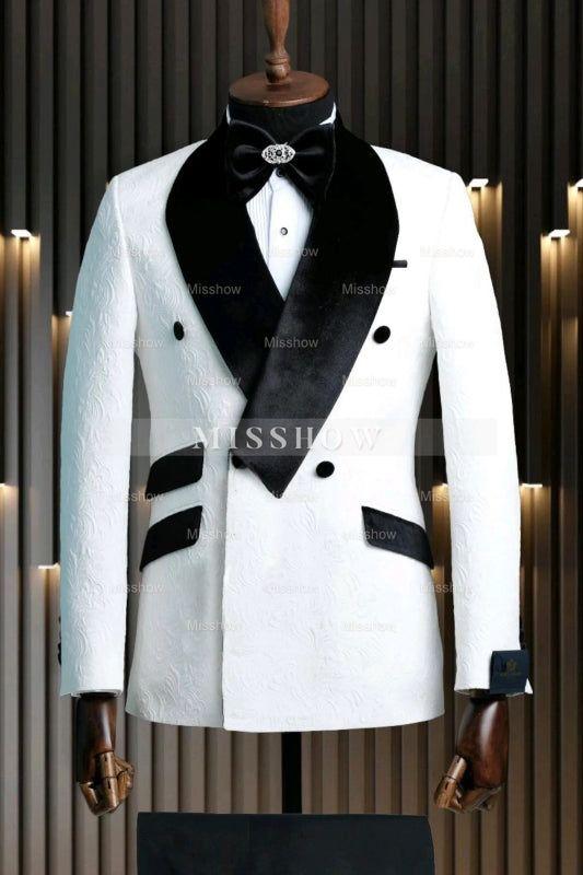 Bespoke White Jacquard Wedding Suit With Black Velvet Collar