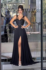 Black A-Line Prom Dress V Neck Illusion Straps Lace Beaded Corset Chiffon High Slit Formal Evening Gown with Sweep Train