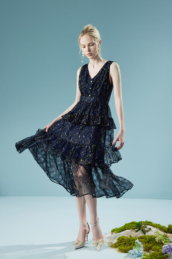 Black A-line V-neck Tea Length Sleeveless Lace Dress