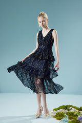 Black A-line V-neck Tea Length Sleeveless Lace Dress