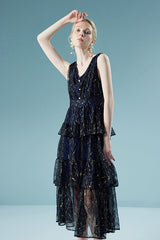 Black A-line V-neck Tea Length Sleeveless Lace Dress