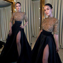Black And Champagne Long Formal Dress Half Sleeves With High Slit
