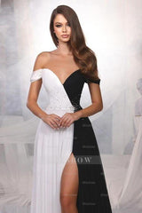 Black And White Off the Shoulder Beadings Long Formal Dress With Front Split