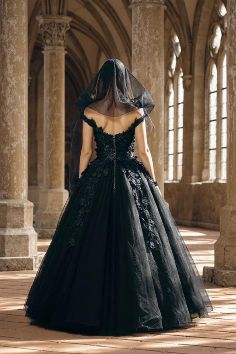 Black Ball Gown Wedding Dress Off Shoulder Deep V Sheer Corset 3D Floral Lace Applique Tulle Gothic Bridal Gown with Chapel Train