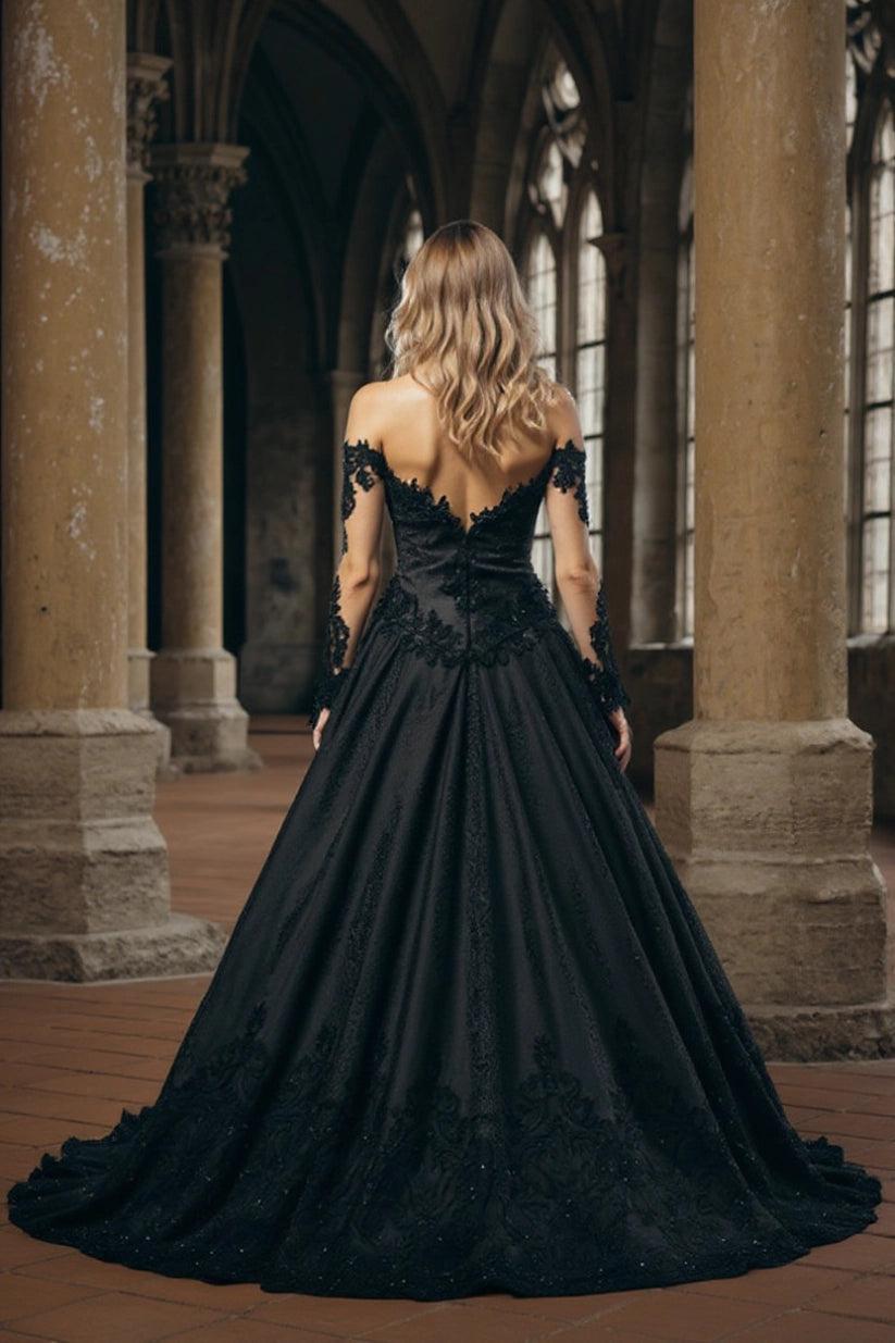 Black Ball Gown Wedding Dress Off Shoulder Sweetheart Long Sheer Lace Sleeves Floral Lace Corset Gothic Bridal Gown with Cathedral Train