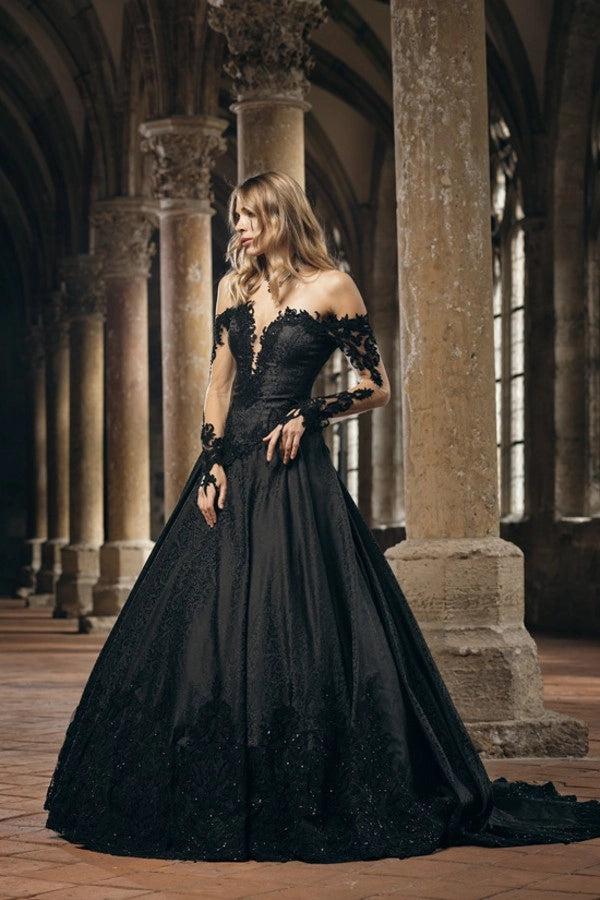 Black Ball Gown Wedding Dress Off Shoulder Sweetheart Long Sheer Lace Sleeves Floral Lace Corset Gothic Bridal Gown with Cathedral Train