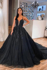 Black Ball Gown Wedding Dress Spaghetti Straps Deep V Neck Sheer Lace Beaded Corset Floral Applique Tulle Gothic Bridal Gown with Chapel Train
