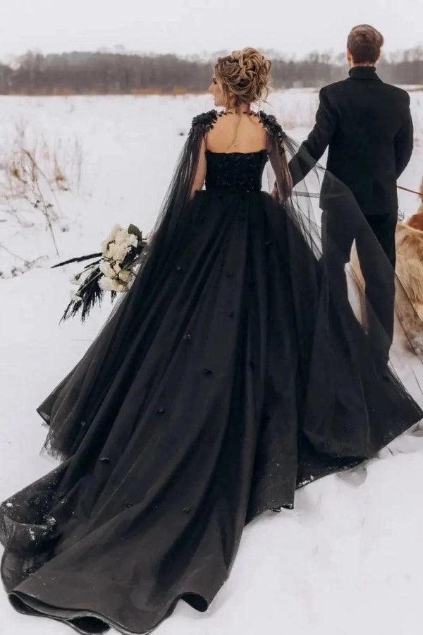 Black Ball Gown Wedding Dress Sweetheart 3D Floral Lace Corset Tulle with Detachable Tulle Cape Gothic Bridal Gown