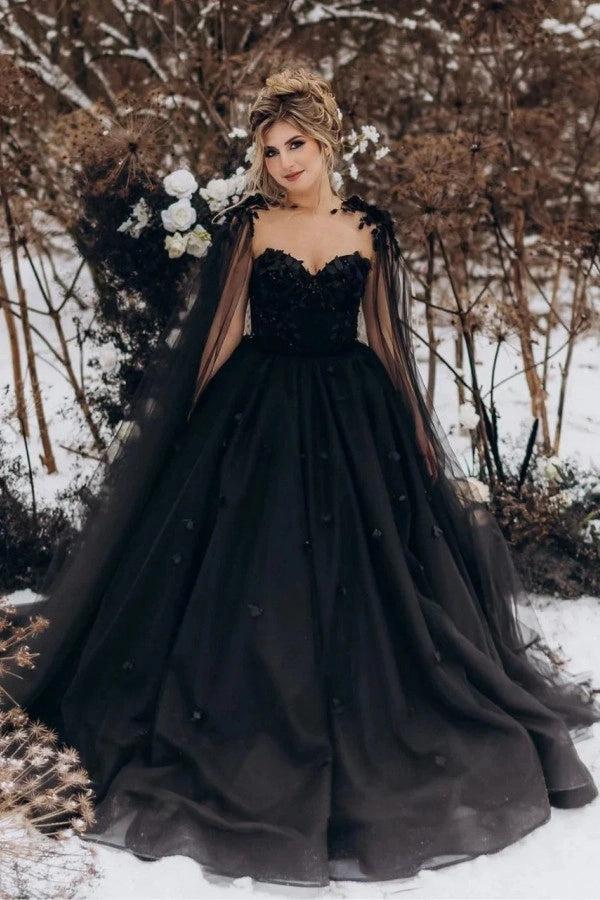 Black Ball Gown Wedding Dress Sweetheart 3D Floral Lace Corset Tulle with Detachable Tulle Cape Gothic Bridal Gown
